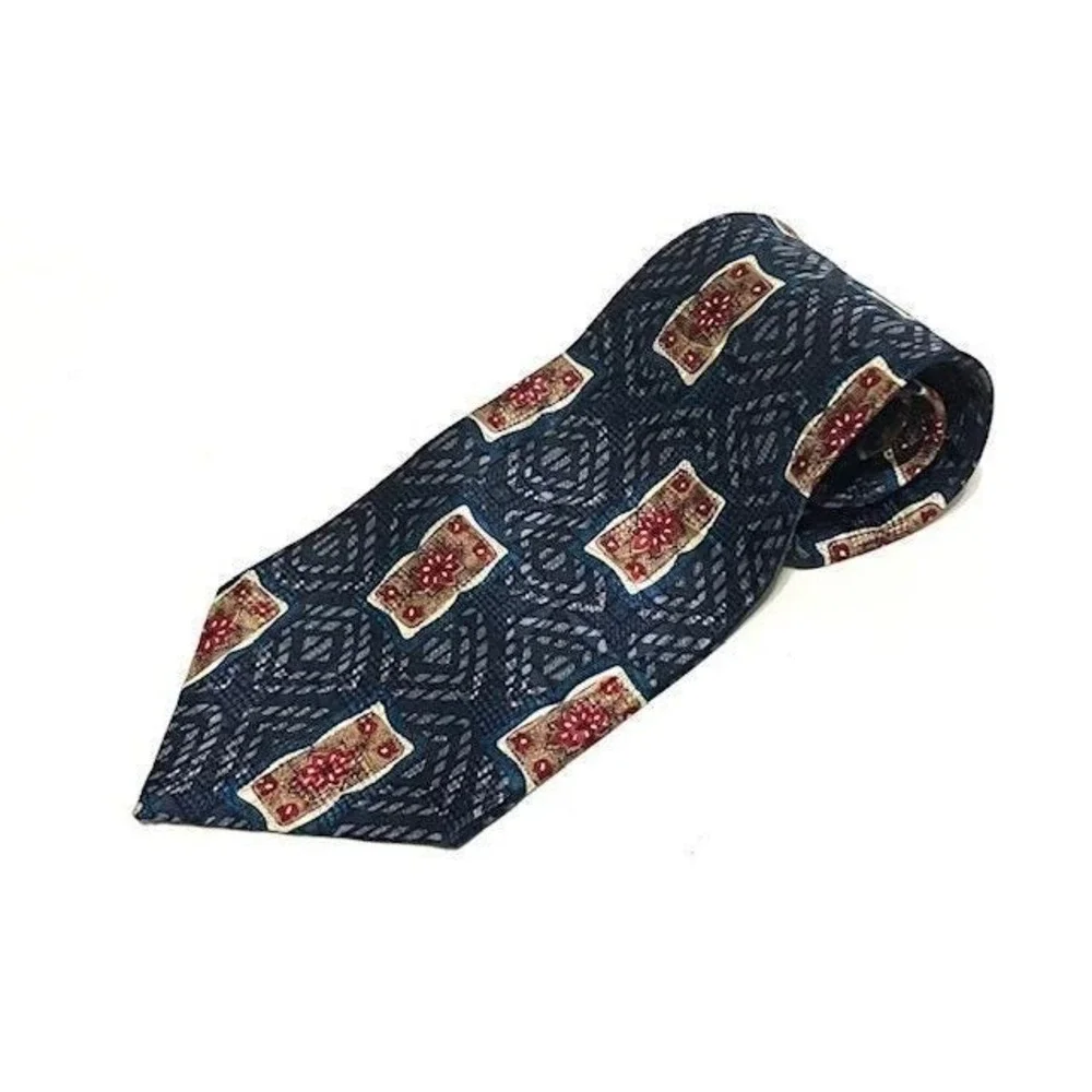 VTG  Spencer & Lowe Mens Silk Necktie Geometric Tile Blue Red Gold Floral Framed